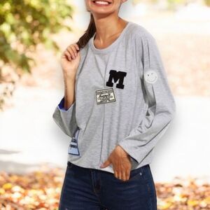 Gray Crew Neck Long Sleeve Lightweight Graphic Patches Pullover Sweatshirt NEW